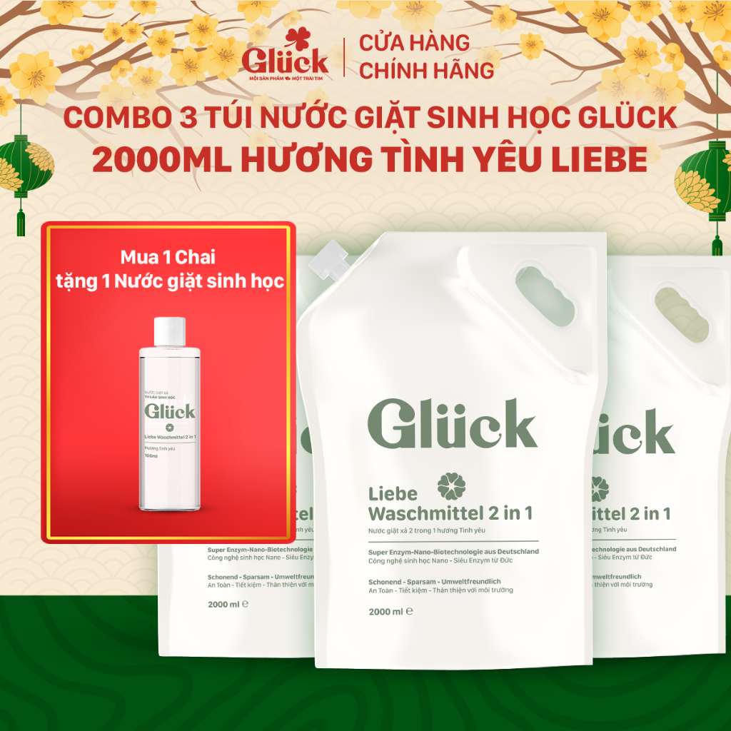 Combo 3 túi nước giặt sinh học GLUCK 2000ml, hương tình yêu Liebe