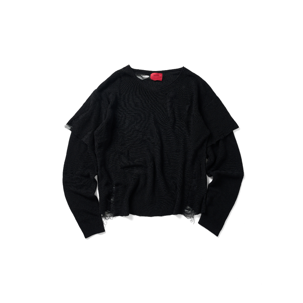 Áo len "KNIT DISTRESSED BLACK DOUBLE SLEEVES" form cropped màu đen