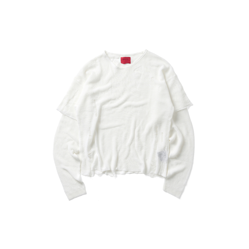 Áo len "KNIT DISTRESSED WHITE DOUBLE SLEEVES" form cropped màu trắng