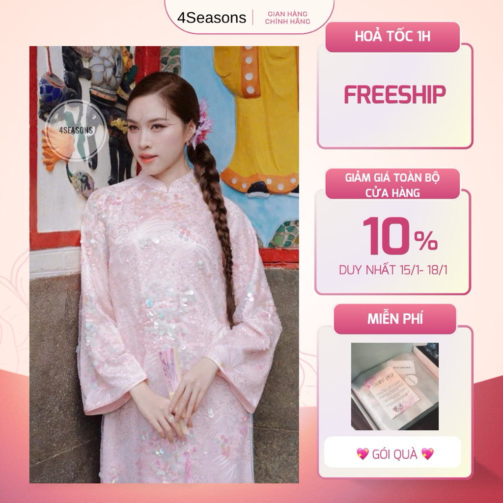 [HOẢ TỐC hcm] Set áo dài 4 tà vảy cá hồng lấp lánh cao cấp 4seasons