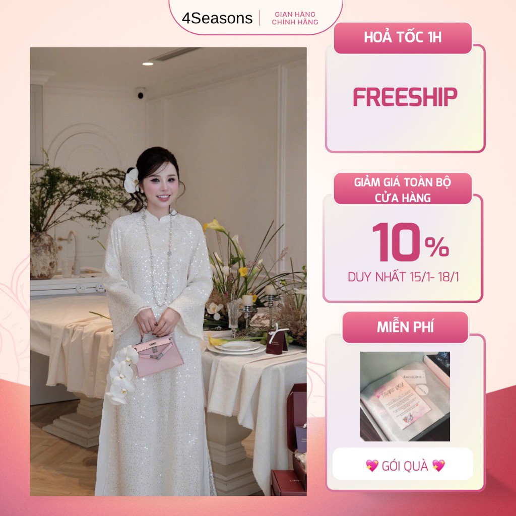 [MẪU MỚI] Set áo dài 4 tà thiết kế Kim Sa Trắng cao cấp 4Seasons