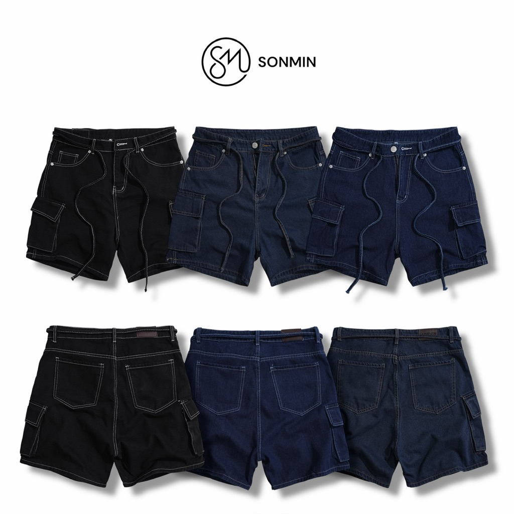 STRING BOX BAG SHORT - Quần short jeans đùi túi hộp phối dây form rống rộng unisex Sonmin.