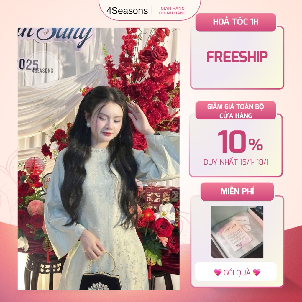 [ HOẢ TỐC ] Set áo dài Kim Sa Xanh Tafta hoa văn phối lụa mềm cao cấp 4Seasons