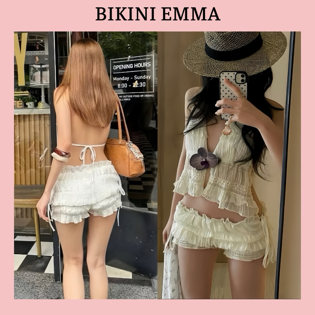 EMMA Set Đồ Bơi 2 Mảnh Áo Cổ Yếm Ren Voan Mềm, Kèm Quần Short Thắt Nơ Tôn Dáng Chuẩn Đẹp (Tặng Chip)