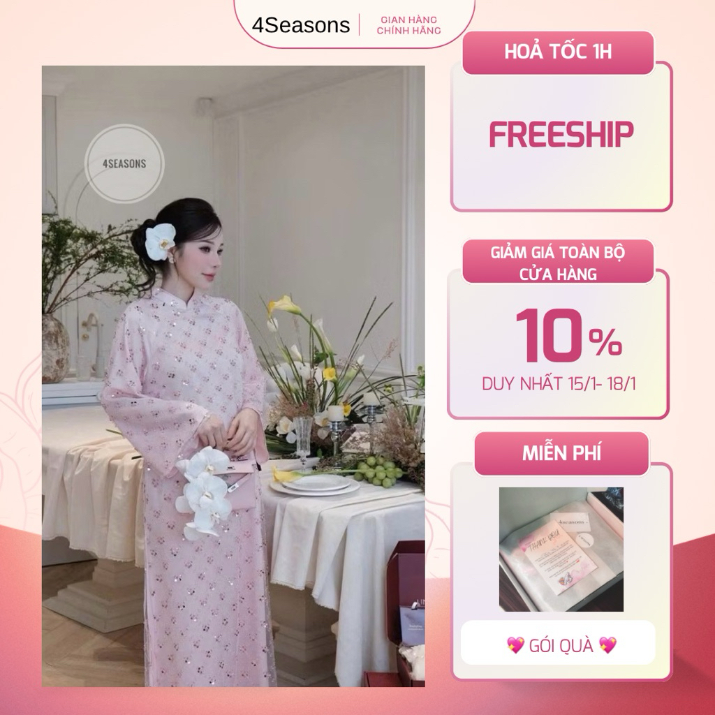 [ HOẢ TỐC ] Set áo dài kim sa đính đá thủ công trắng/hồng nhẹ nhàng cao cấp 4Seasons