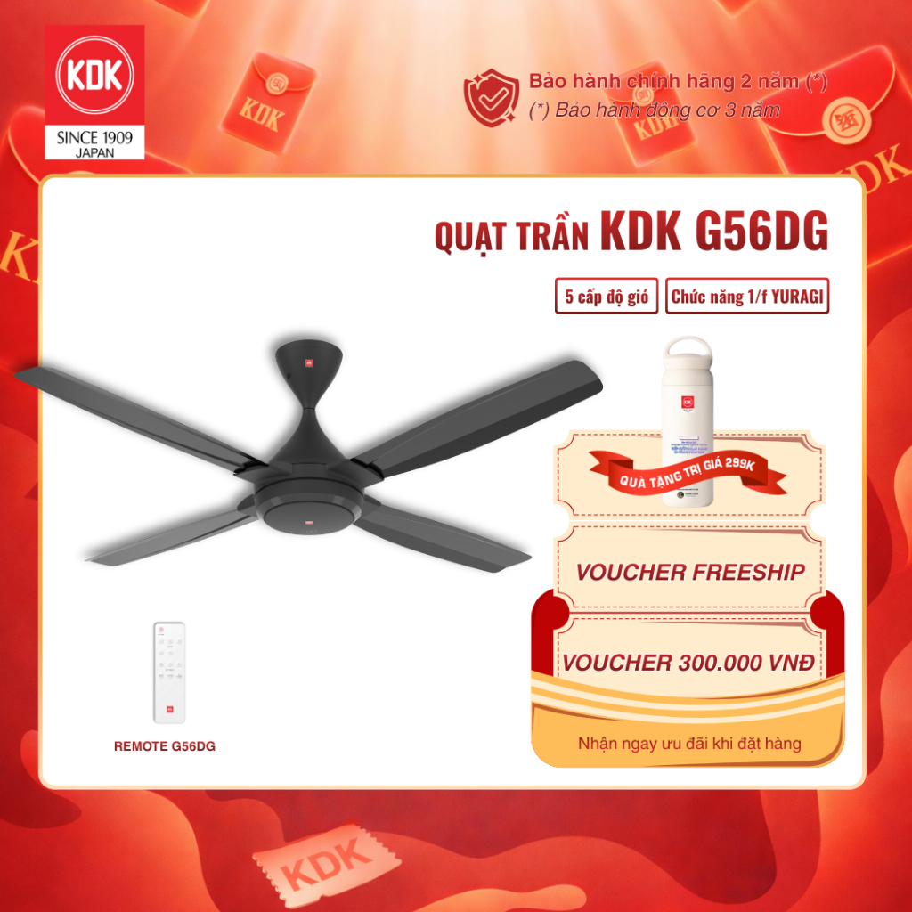 Quạt trần KDK G56DG cánh kim loại, 5 tốc độ gió,3 cánh 150cm, bảo hành chính hãng 24 tháng