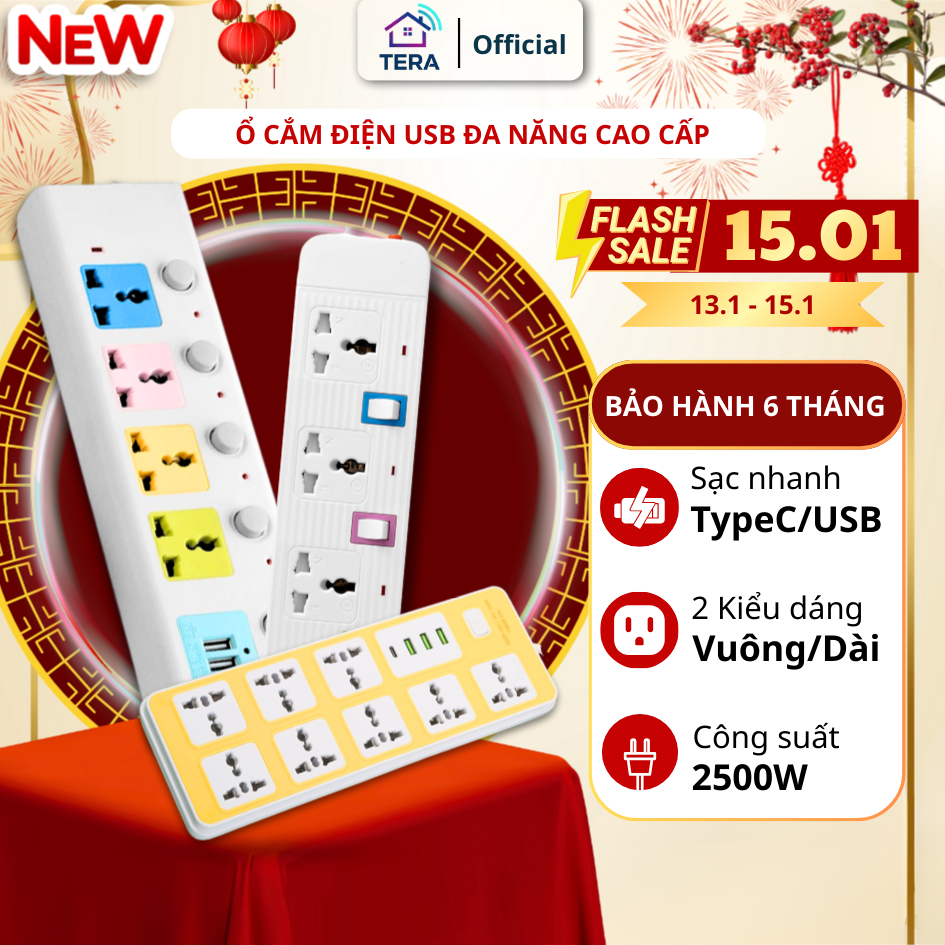 Ổ Cắm Điện USB Đa Năng Cao Cấp Chống Giật Dây Dài 4m, 2 Cổng Cắm USB Công Suất 2500W Có Chốt An Toàn