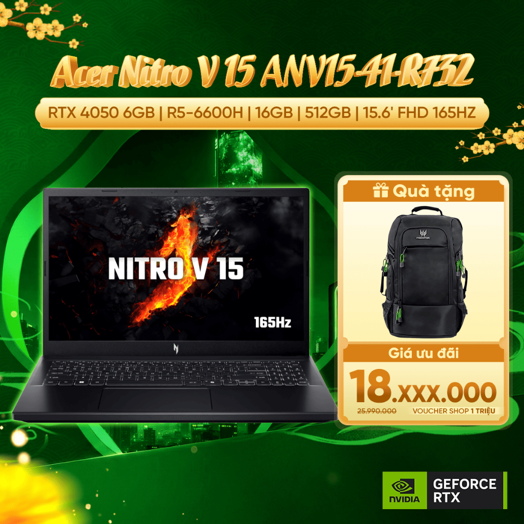 Laptop Gaming Acer Nitro V 15 ANV15-41-R732  Card Geforce RTX™ 4050 6GB/ AMD R5-6600H/ 16GB | 512GB
