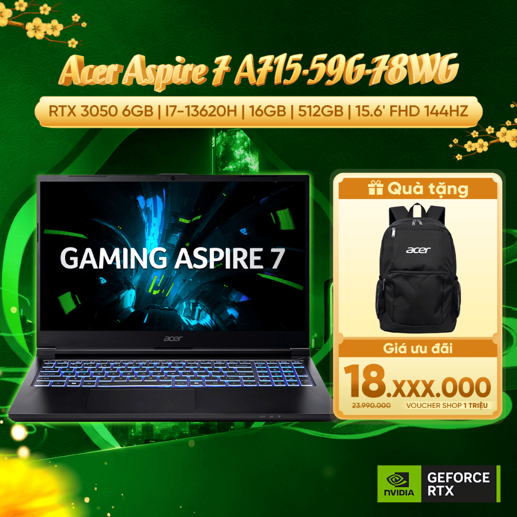 Laptop Gaming Acer Aspire 7 A715-59G-78WG  GeForce RTX™ 3050 6GB  / Chip i7-13620H