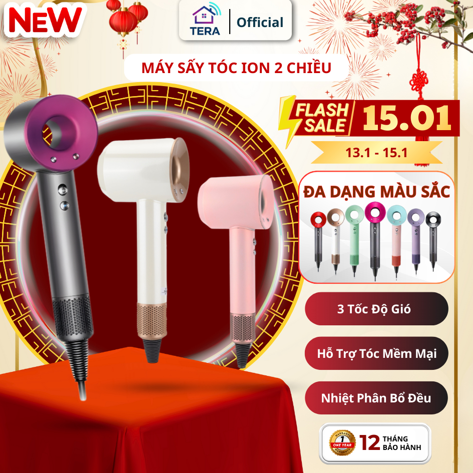 Máy sấy tóc ion âm công suất lớn, 2 chiều nóng lạnh, 3 chế độ sấy, tặng kèm đầu sấy tiện lợi