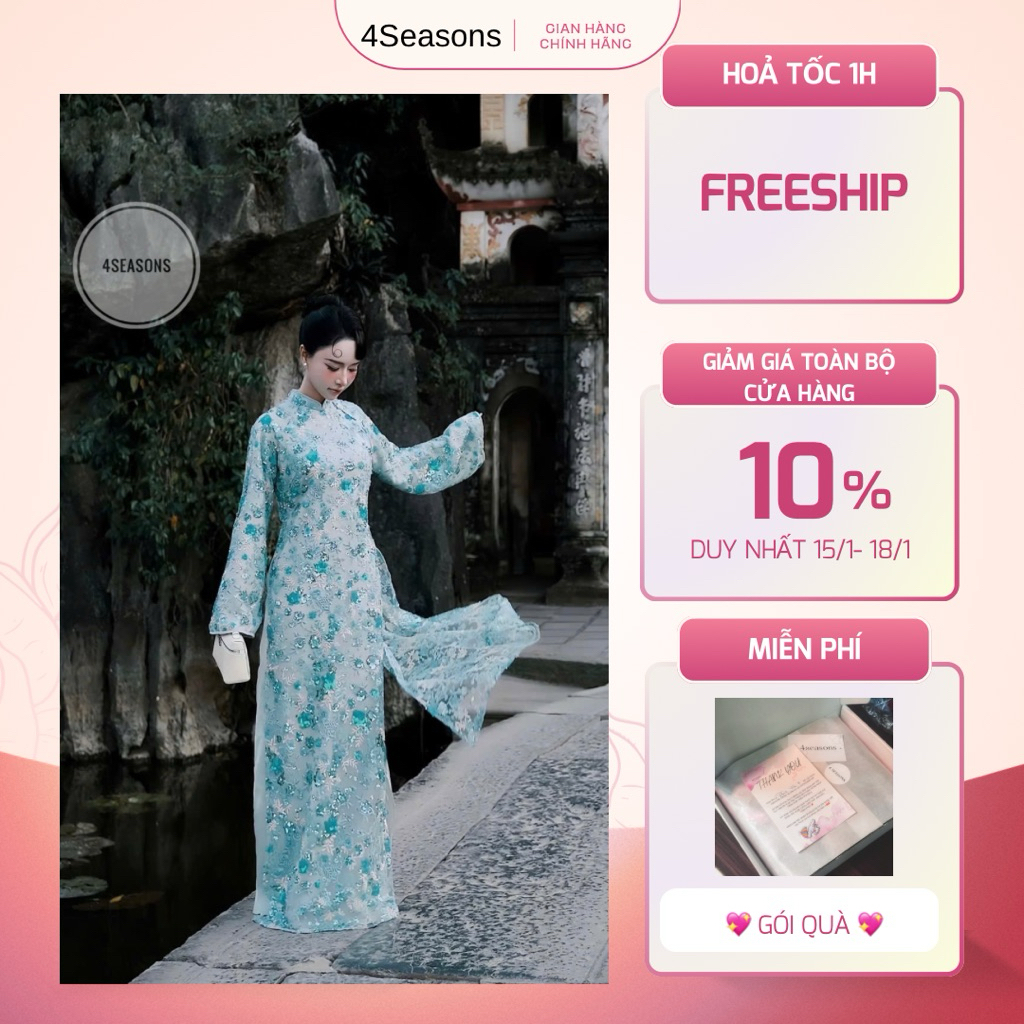 [ MẪU MỚI] Set áo dài kim sa xanh dáng suông dài tiểu thư sang trọng 4seasons