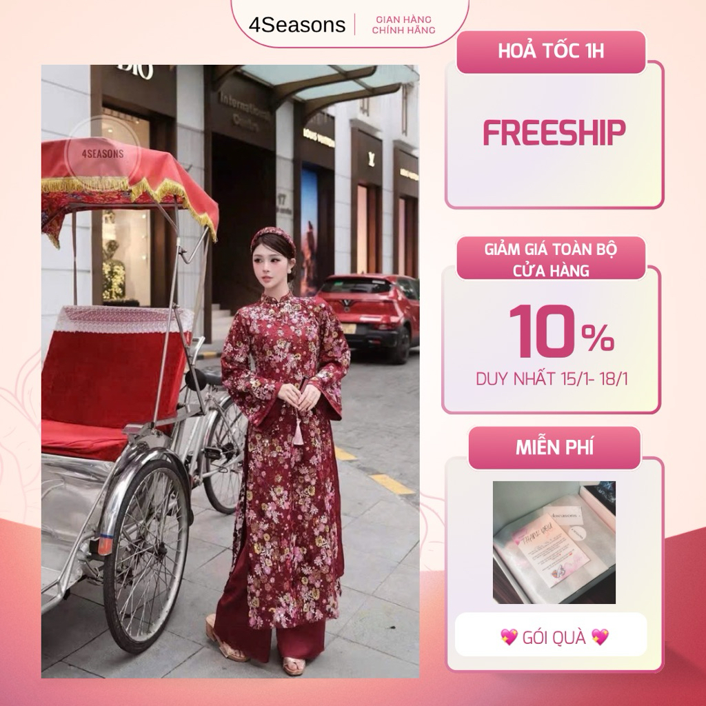 [MẪU MỚI] Set áo dài đỏ nhung kim sa - màu đỏ đô sang trọng cao cấp 4seasons