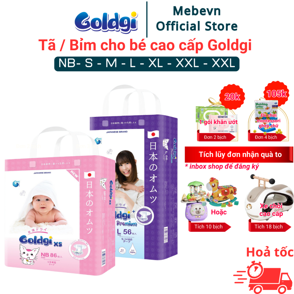 Bỉm Goldgi Premium/X5/Eco, bỉm goldgi cao cấp cho bé siêu thấm hút, khô thoáng đủ size dán/quần