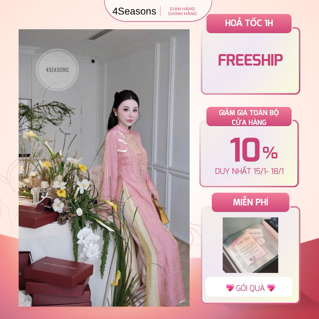 [ MẪU MỚI] Set áo dài 4 tà cách tân tone hồng phấn nhẹ nhàng kèm quần nhũ bling cao cấp 4seasons
