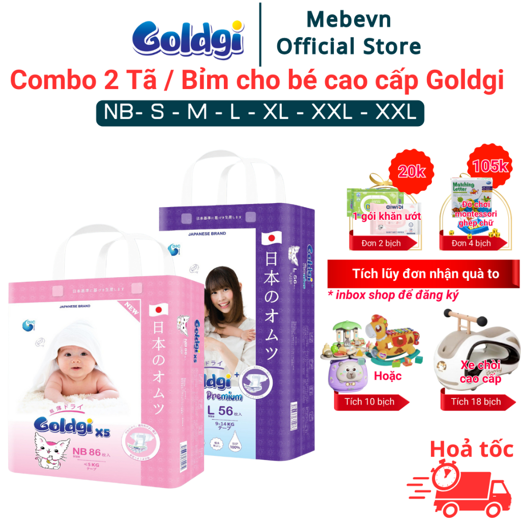 Combo 2 Tã / Bỉm Goldgi Premium/X5/Eco, bỉm goldgi cho bé siêu thấm hút, khô thoáng đủ size dán/quần