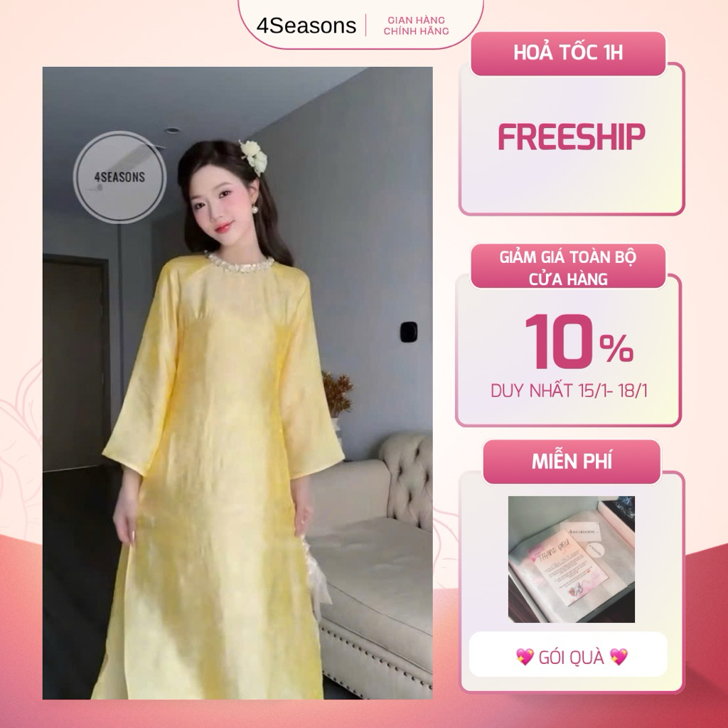 [HOẢ TỐC] Set áo dài nha xá gấm lụa nhũ bling cao cấp màu vàng 4seasons