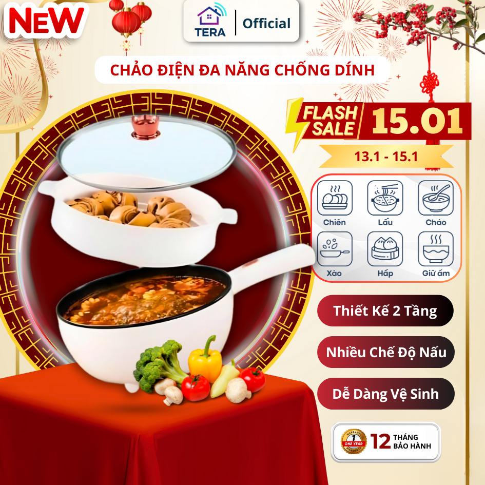 [BÁN CHẠY] Chảo Điện Đa Năng Chống Dính Size 26Cm Dung tích 3L, Nồi Lẩu Đa Năng 2 Tầng Kèm Giá Hấp
