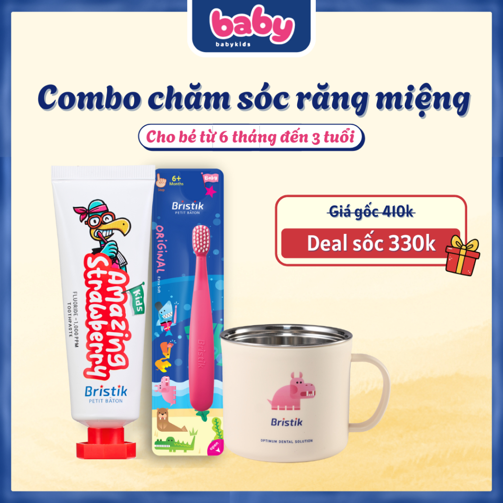 Combo Chăm Sóc Răng Miệng Cho Bé 6 tháng - 3 Tuổi Bristik | Ngừa Sâu Răng Kem Đánh Răng+Bàn Chải+Ly