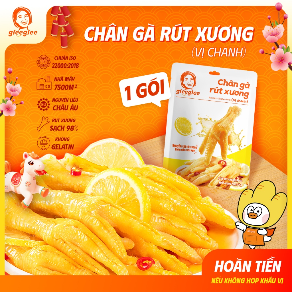 Chân Gà Rút Xương GleeGlee Vị CHANH 72g, Tỉ lệ >98% Sạch Xương, Ăn Liền Tiện Lợi, Chuẩn ISO 22000
