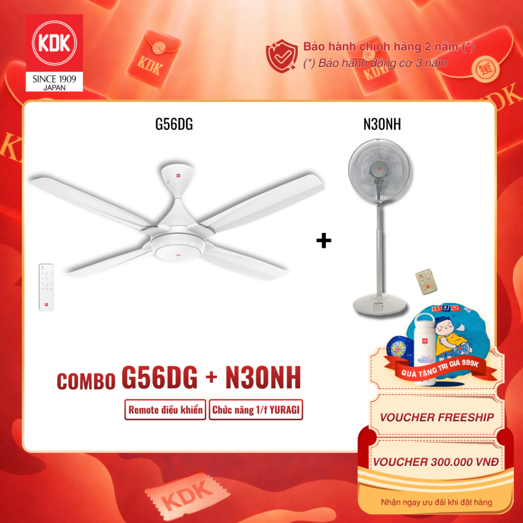 (Quà tặng trị giá 999k) Combo quạt trần G56DG-WH và Quạt đứng N30NH tiện nghi, chức năng 1/f Yuragi