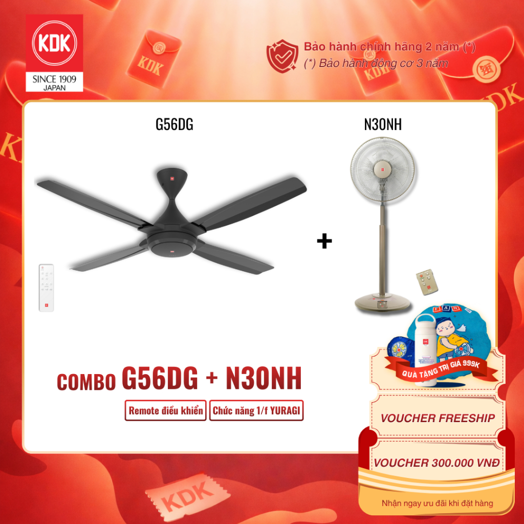 (Quà tặng trị giá 999k) Combo quạt trần G56DG-DG và Quạt đứng N30NH tiện nghi, chức năng 1/f Yuragi