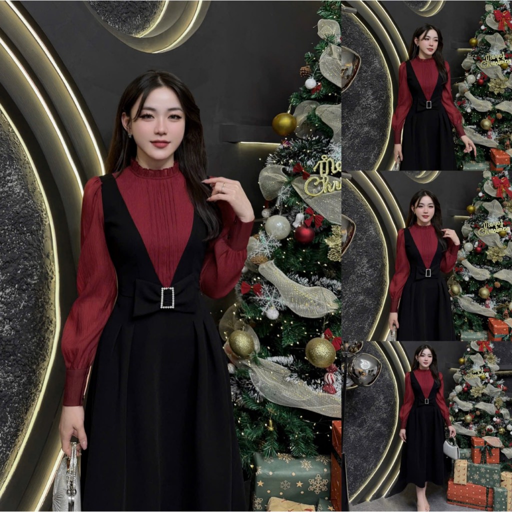 2VK117 - Váy Thiết Kế Eviici dành cho nữ, thiết kế cổ bèo phối tơ, nơ may liền dáng A xòe dài