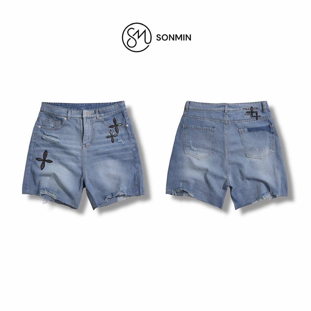 4 LEAF SHORT JEANS - Quần short jeans thêu 4 lá form ống rộng Sonmin.