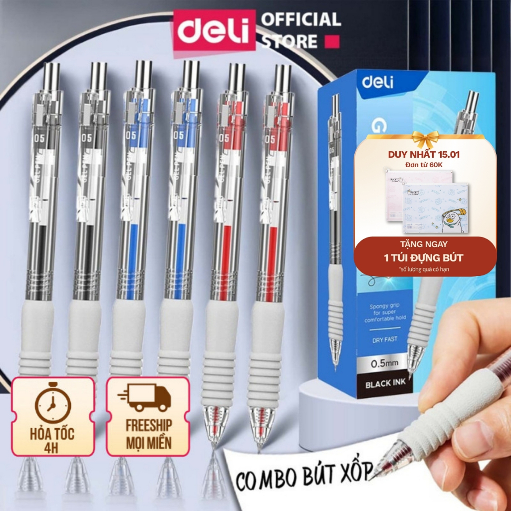 [COMBO BÚT XỐP] Bút Bi Nước Bút Gel Mực Bấm Deli Đệm Xốp 3 Màu Xanh/ Đen/ Đỏ Ngòi 0.5mm Cho Học Sinh