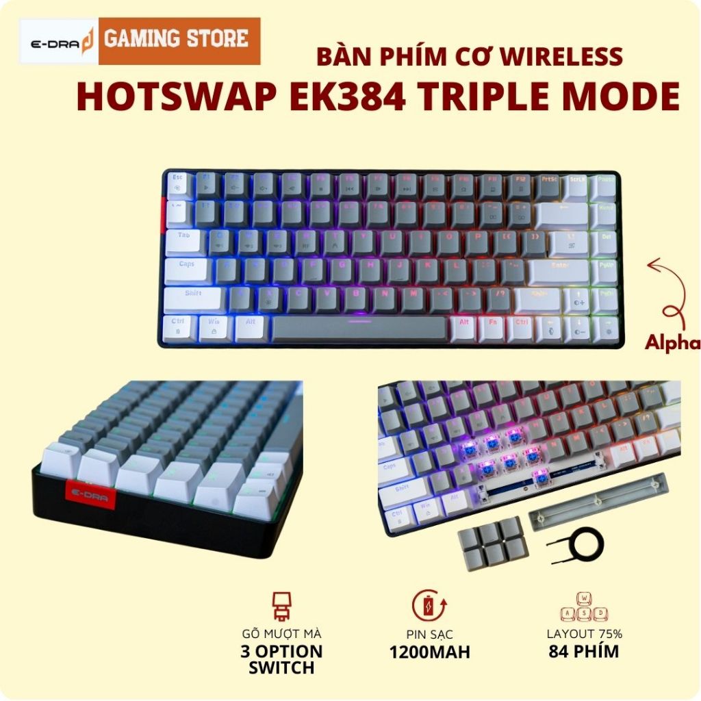 Bàn Phím Cơ Không Dây E-DRA EK375PRO Gaming Màn Hình TFT, EK384 3 MODE, EK375V2 LED RGB Chính Hãng