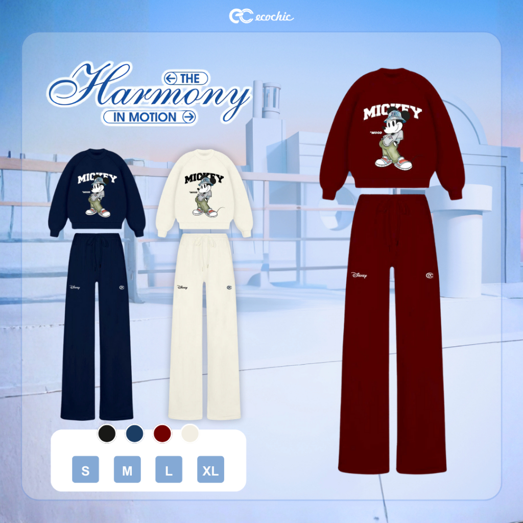 Set bộ Mickey Ecochic Áo Sweater Quần Ống Suông Dài Chất Liệu Cao Cấp SD004