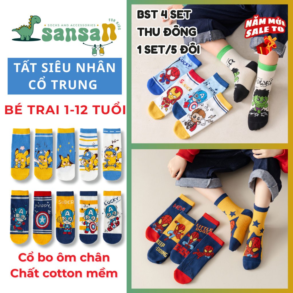[BỘ TẤT SIÊU NHÂN] Bộ sưu tập các Set 5 đôi tất vớ Siêu nhân, Pikachu, Người Nhện đẹp nhất dành cho bé, Cotton dày dặn