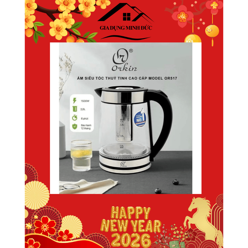 Ấm Siêu Tốc Thủy Tinh Orkin nhập khẩu cao cấp, Ấm Siêu Tốc Thủy Tinh Cao  Orkin OR517 có đèn led lõi