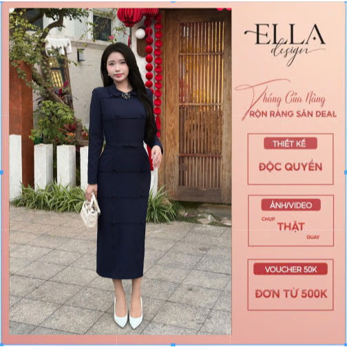 Váy Đầm Liền Thiết Kế Ella Desgin nữ kiểu dáng váy bút chì,dài tay,cổ bẻ (tặng kèm chamr ) phù hợp m
