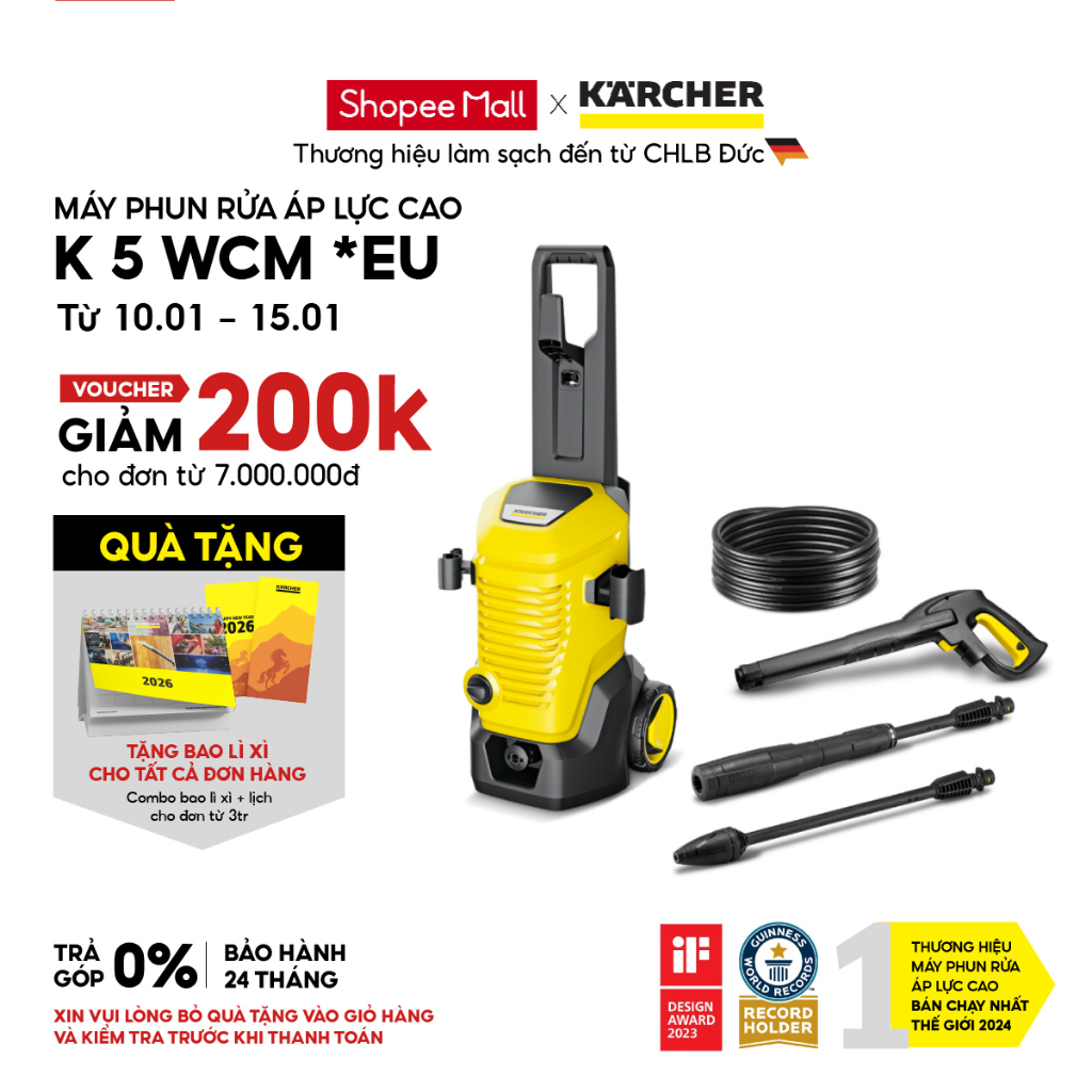 [Sản xuất Châu ÂU] Máy phun rửa áp lực cao Karcher K 5 WCM - Động cơ từ - Công suất 2100W - Bảo hành