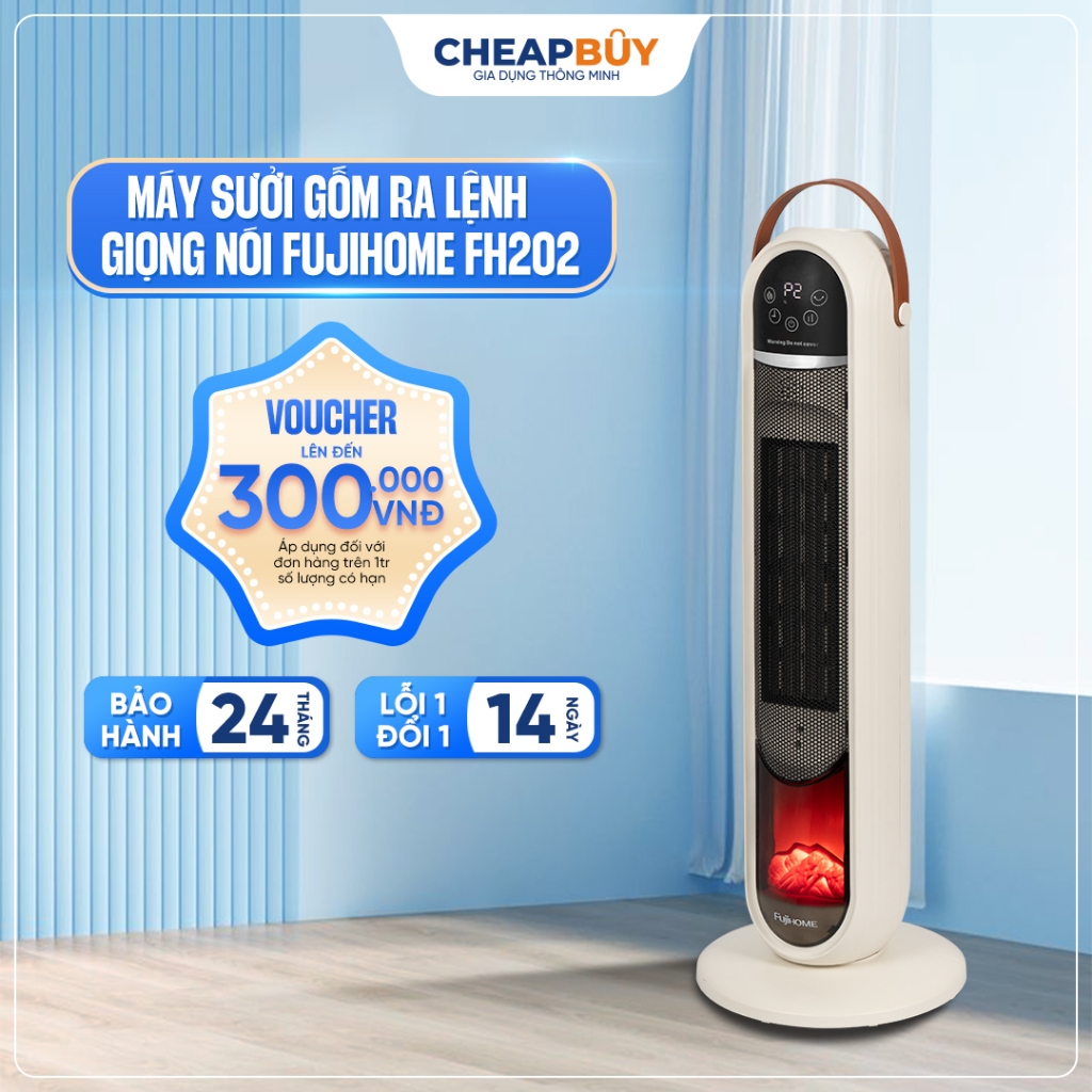 Máy sưởi gốm điều khiển bằng giọng nói Fujihome FH202, quạt sưởi ấm lọc không khí Ion, điều khiển từ