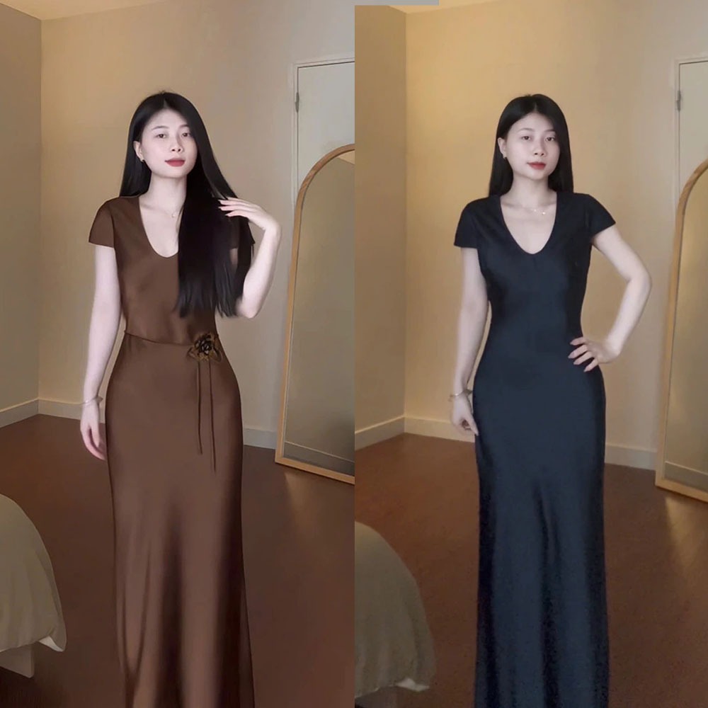 [Dây Đai Hoa] Đầm Lụa Bigsize nista Dáng Dài Đuôi Cá Cổ Tim Tay Lửng Siêu Sang Bigsize 55-90K PhTh07