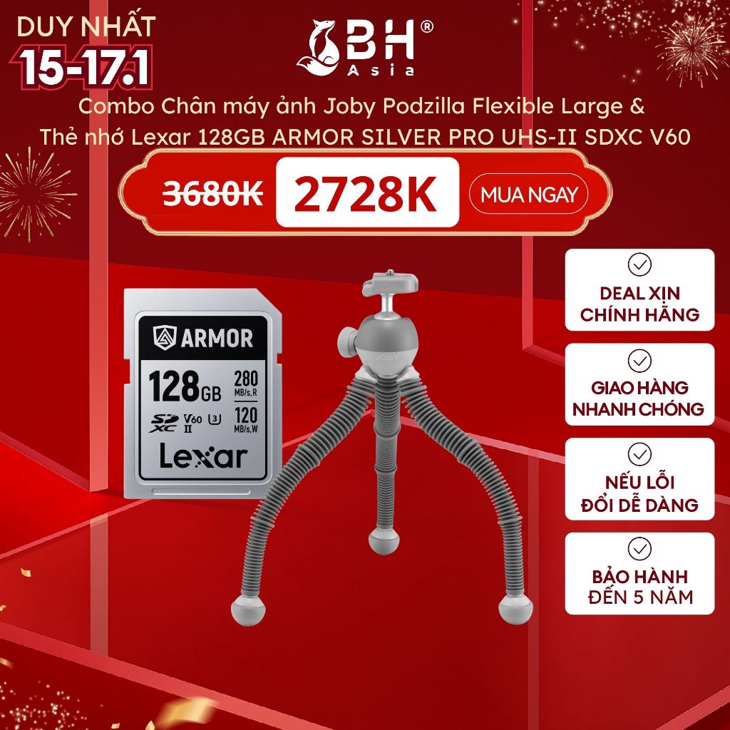 BH Asia - Combo Chân máy ảnh Joby Podzilla Flexible Large & Thẻ nhớ Lexar 128GB ARMOR SILVER PRO UHS