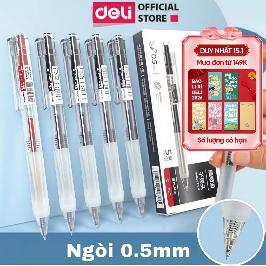 [NÂNG CẤP 2026] Bút Bi Nước Deli Viết Gel Bấm A575 Ngòi 0.5mm Mực Xanh Đen Đỏ Trơn Tru Học Sinh Văn 
