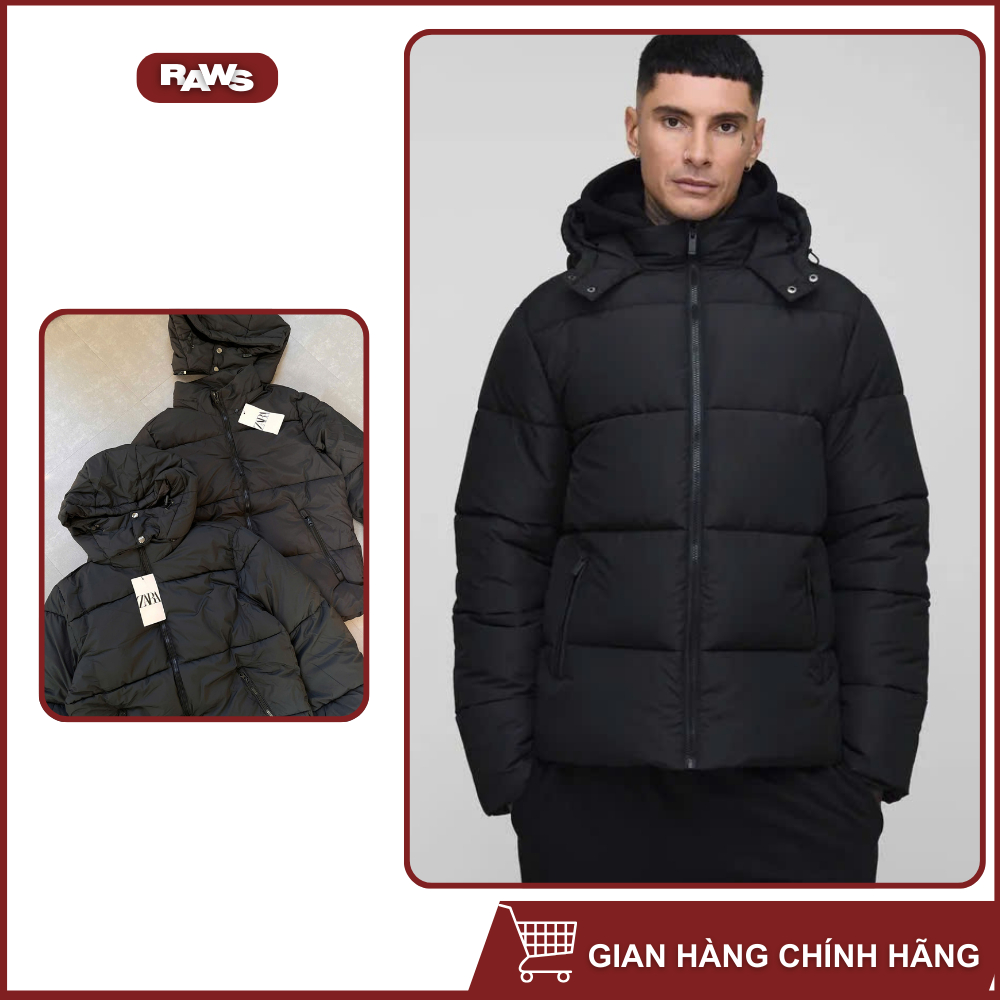 Áo phao chần bông Zara đen dài tay có mũ tháo rời - RAWS