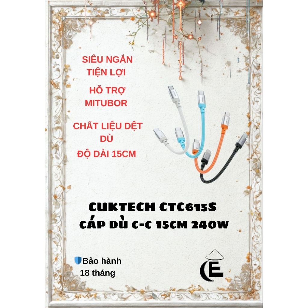 Cáp Cuktech C to C 15cm Tiện Lợi 6A 240W CTC615S CMC610 CMC615- Bảo Hành 18 Tháng
