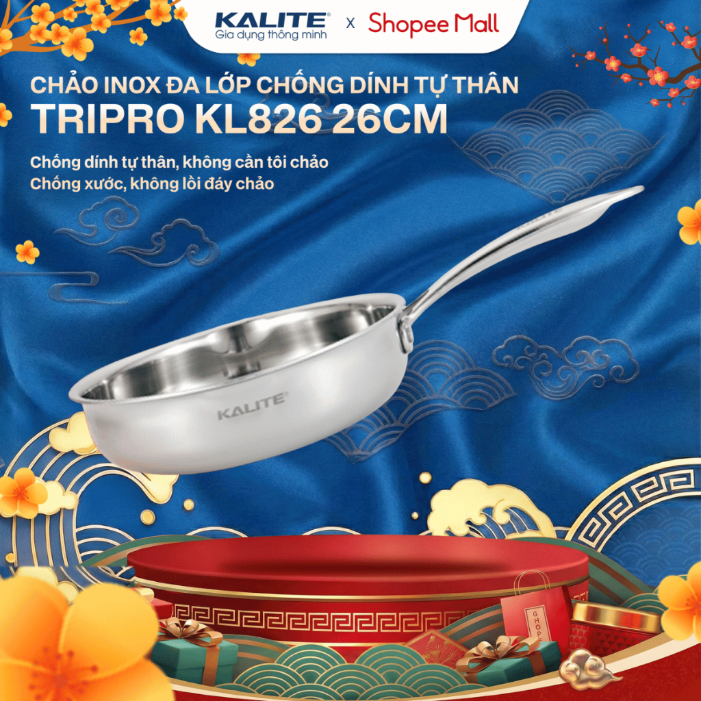 Chảo inox nguyên khối 3 lớp TRIPRO KALITE KL826 26 cm chống dính tự thân phù hợp với mọi loại bếp