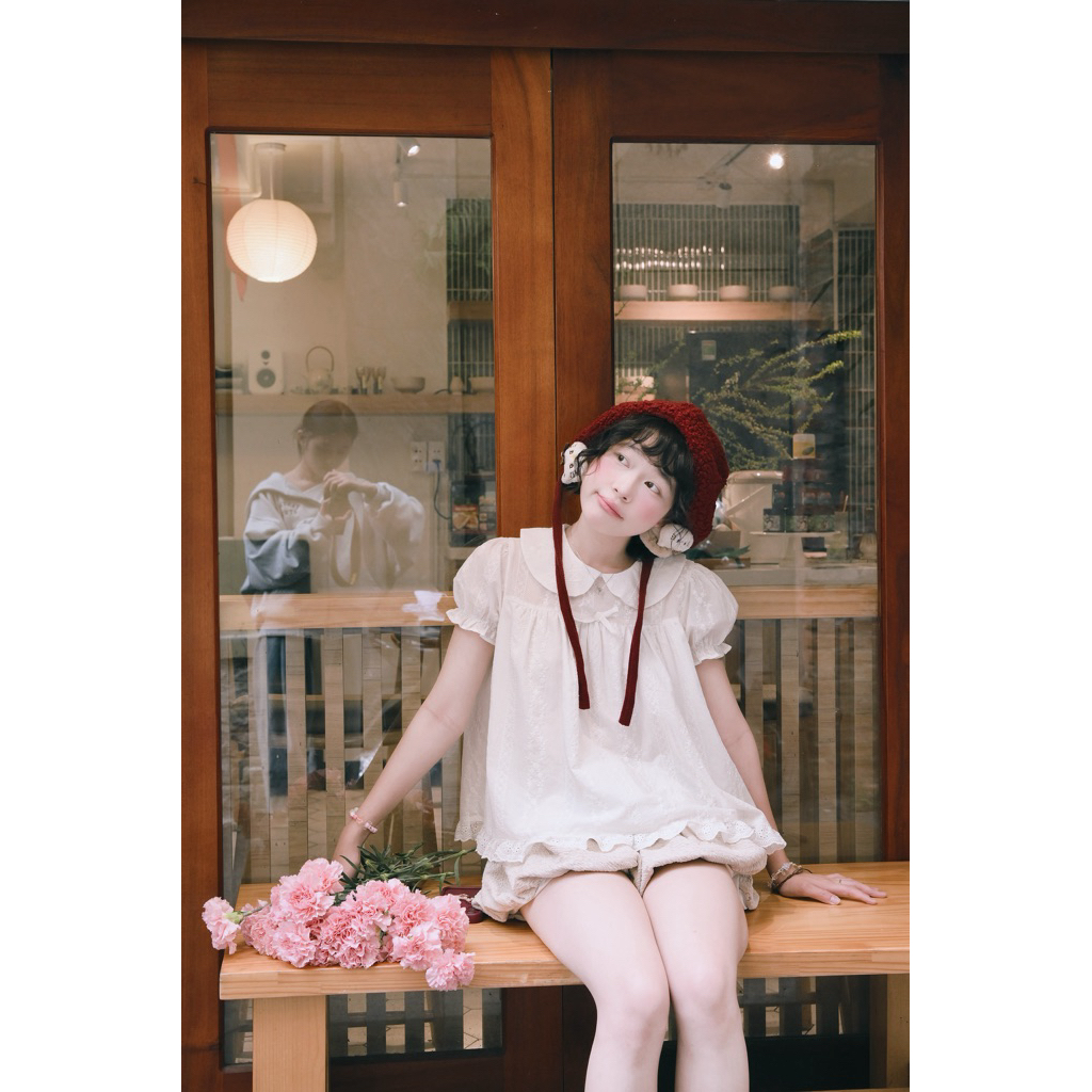 LUNA.Clothing | Sun Flower- Áo babydoll boi thêu phối nơ ren bo chun