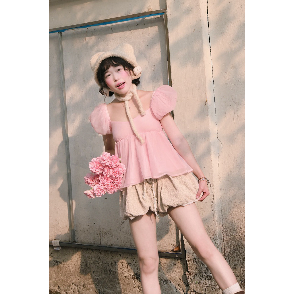 LUNA.Clothing | Pink Flower- Áo babydoll bồng bềnh xinh