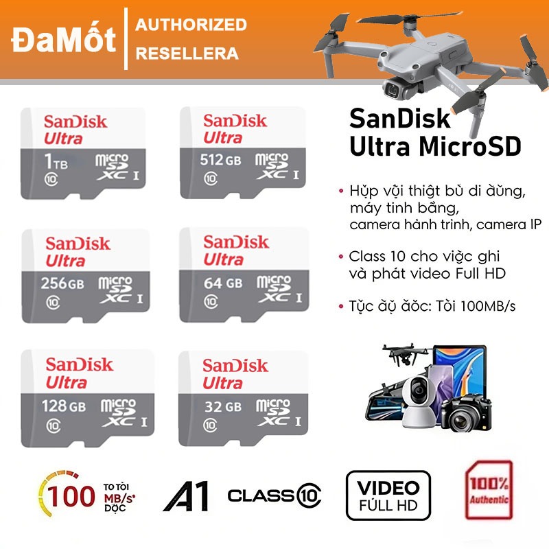 Thẻ nhớ MicroSDXC SanDisk 64GB / 128GB / 256GB / 512GB Ultra A1 C10 U1 UHS-I 150MB/s Bảo hành 5 năm