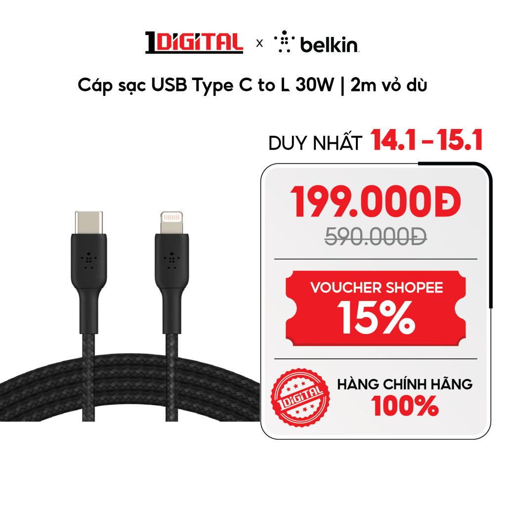 (Belkin) Cáp sạc USB Type C to L 30W | 2m vỏ dù