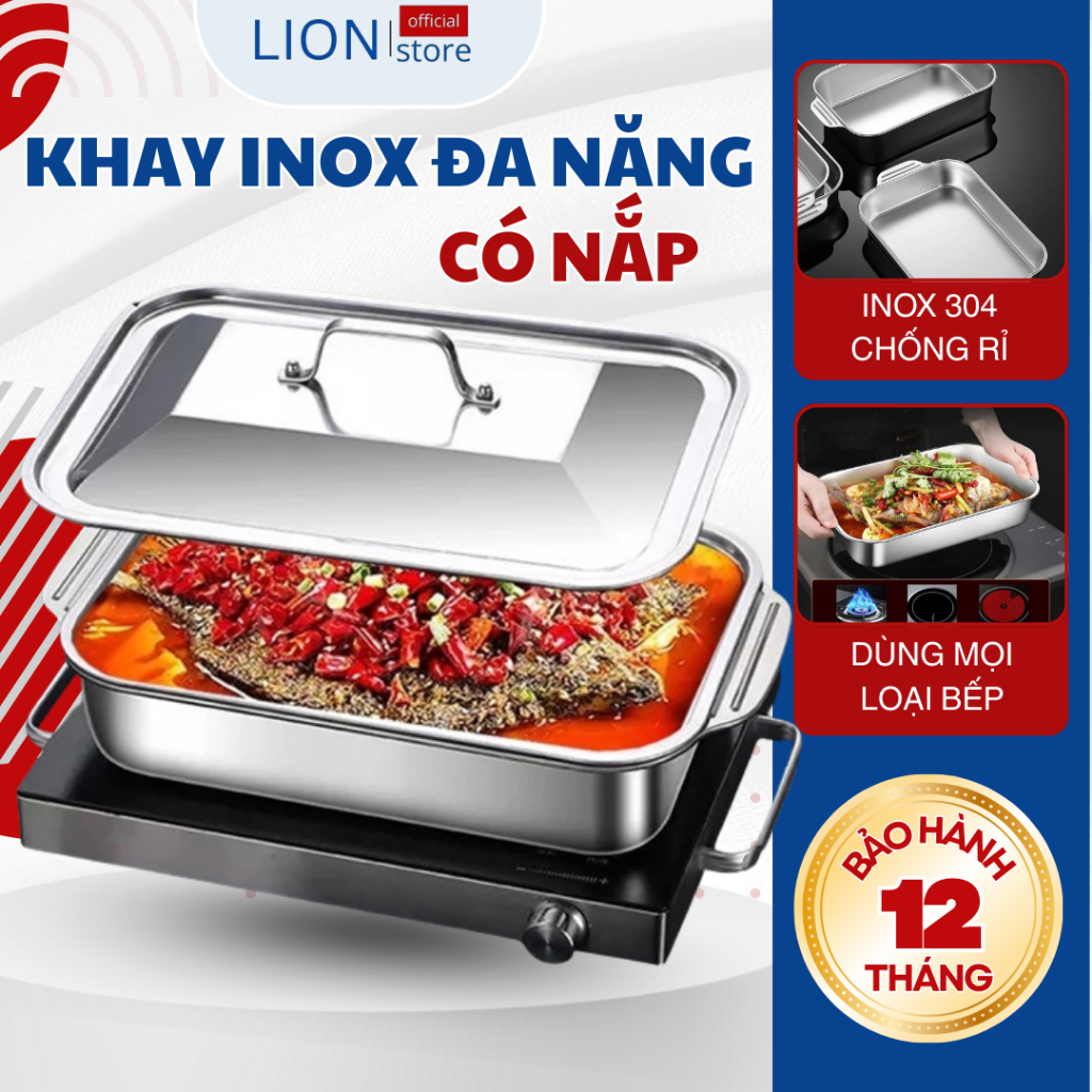 [𝐠𝐢𝐚𝐝𝐮𝐧𝐠𝐋𝐈𝐎𝐍] Combo 5 Khay Đựng Thực Phẩm Lòng Sâu Inox 304 Dùng Mọi Loại Bếp, Khay Đựng Đồ Ăn Có Ta