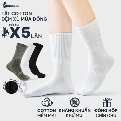 Tất cotton lót lông đệm xù mùa đông BaseLux tất cổ cao mềm mại, vớ cổ cao kháng khuẩn khử mùi, tất nam cổ cao basic