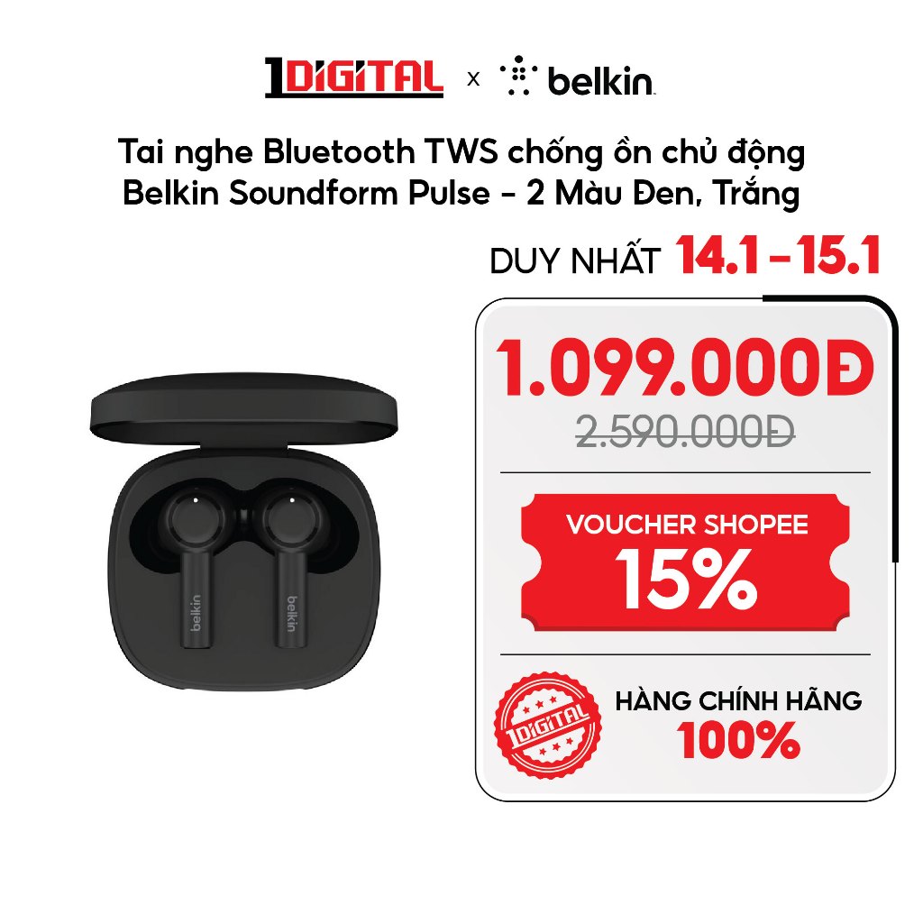 (Belkin) Tai nghe Bluetooth TWS chống ồn chủ động Belkin Soundform Pulse - 2 Màu Đen, Trắng