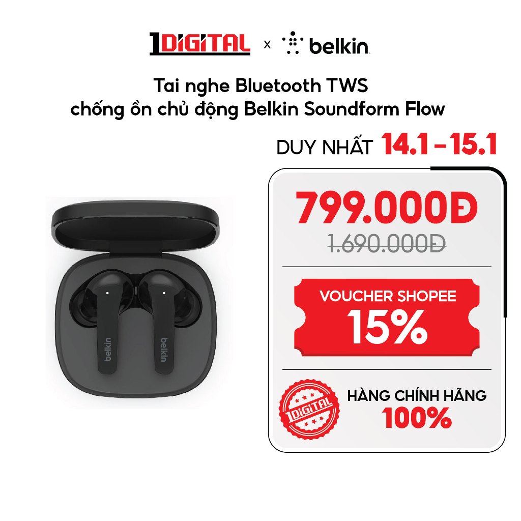 (Belkin) Tai nghe Bluetooth TWS chống ồn chủ động Belkin Soundform Flow - 2 Màu Đen, Trắng