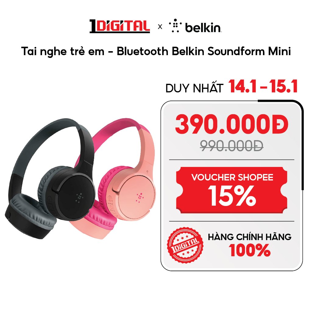 (Belkin) Tai nghe trẻ em Bluetooth Belkin Soundform Mini - 4 Màu Đen, Hồng, Trắng, Xanh